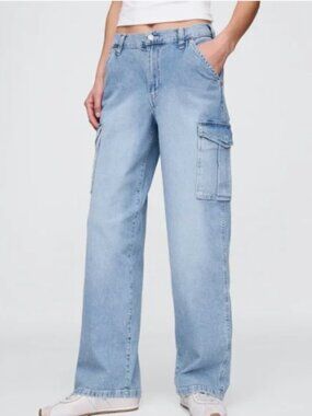 GAP 90s Loose Cargo Mid Rise Jeans Light Wash Organic Cotton Size 32 14